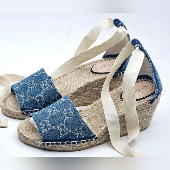 GUCCI Pilar GG Logo Blue Denim Pilar Espadrille Wedge Sandals size 37 7 NEW - Picture 5 of 11